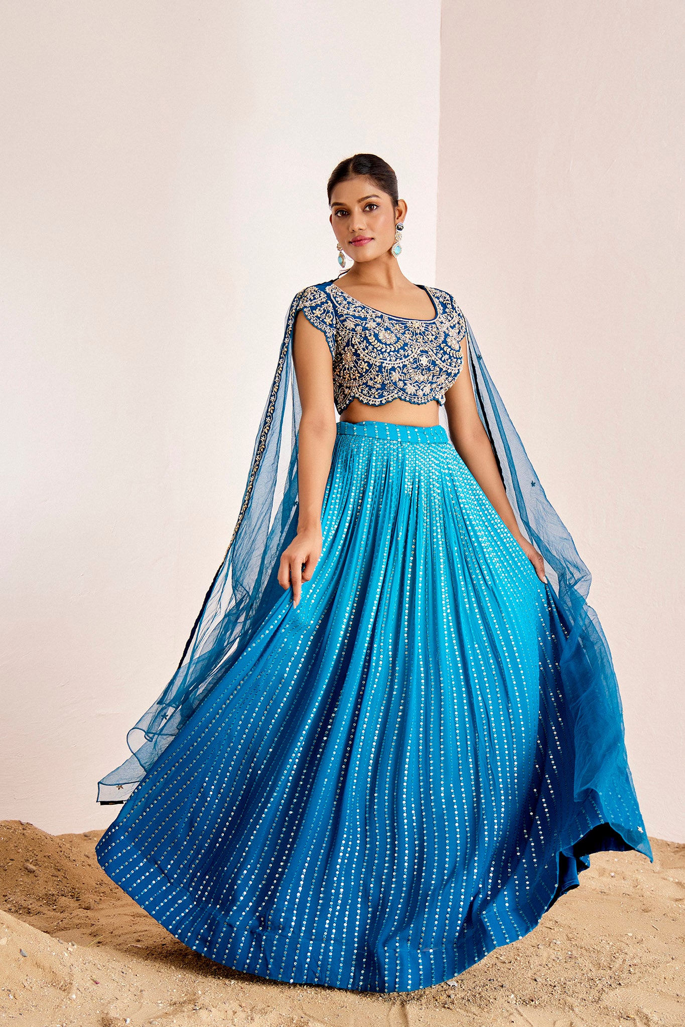 BLUE OMBRE LEHENGA IN HANDWORK