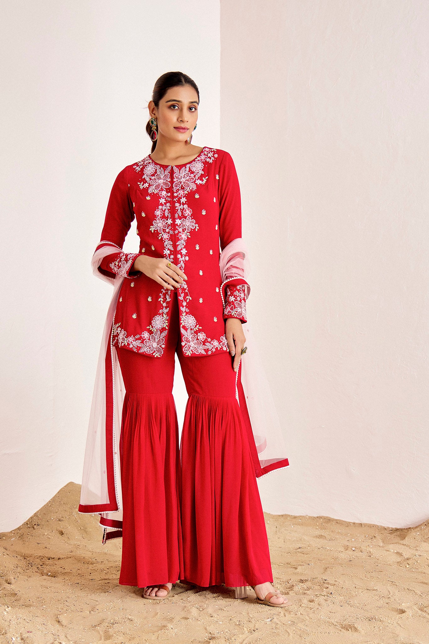 RED HAND EMBROIDERED SHARARA SET