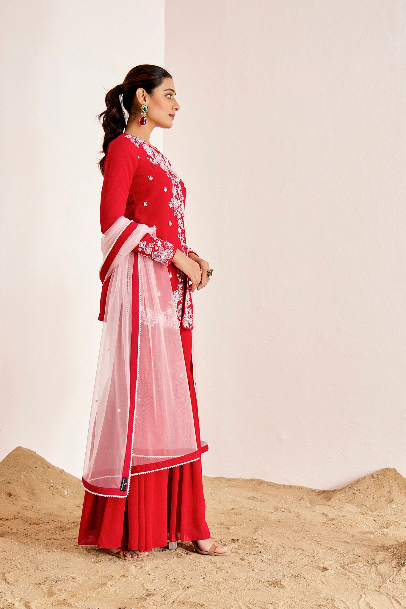 RED HAND EMBROIDERED SHARARA SET