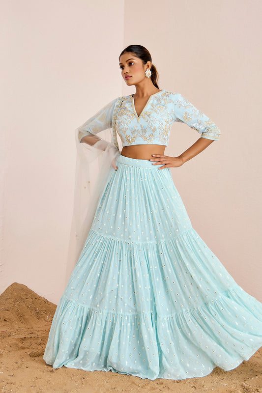 POWDER BLUE TIERED LEHENGA SET