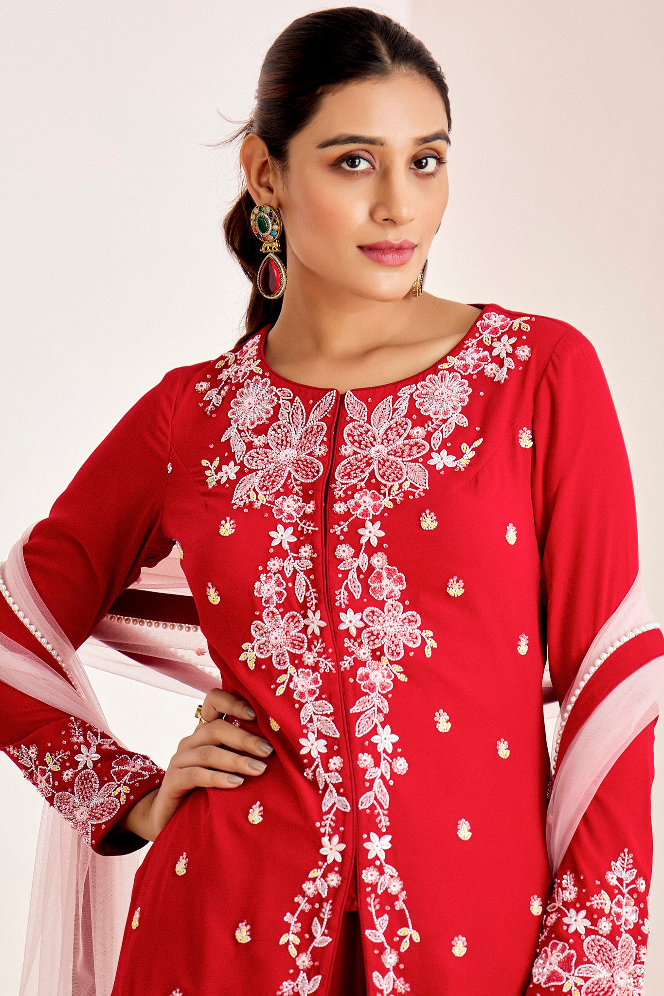 RED HAND EMBROIDERED SHARARA SET