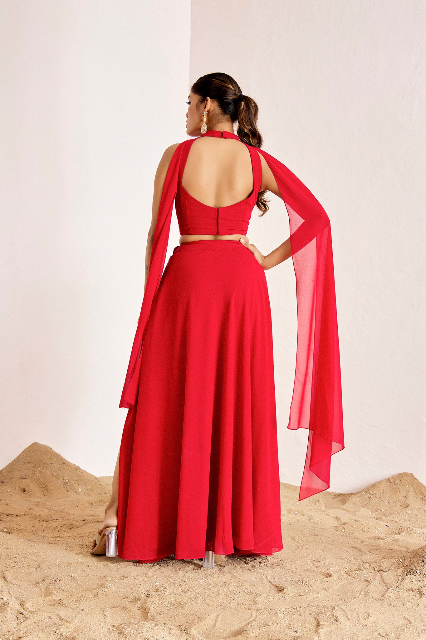 RED HALTER SLIT SKIRT SET