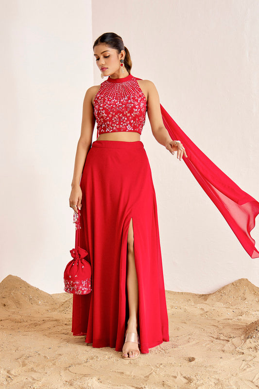 RED HALTER SLIT SKIRT SET