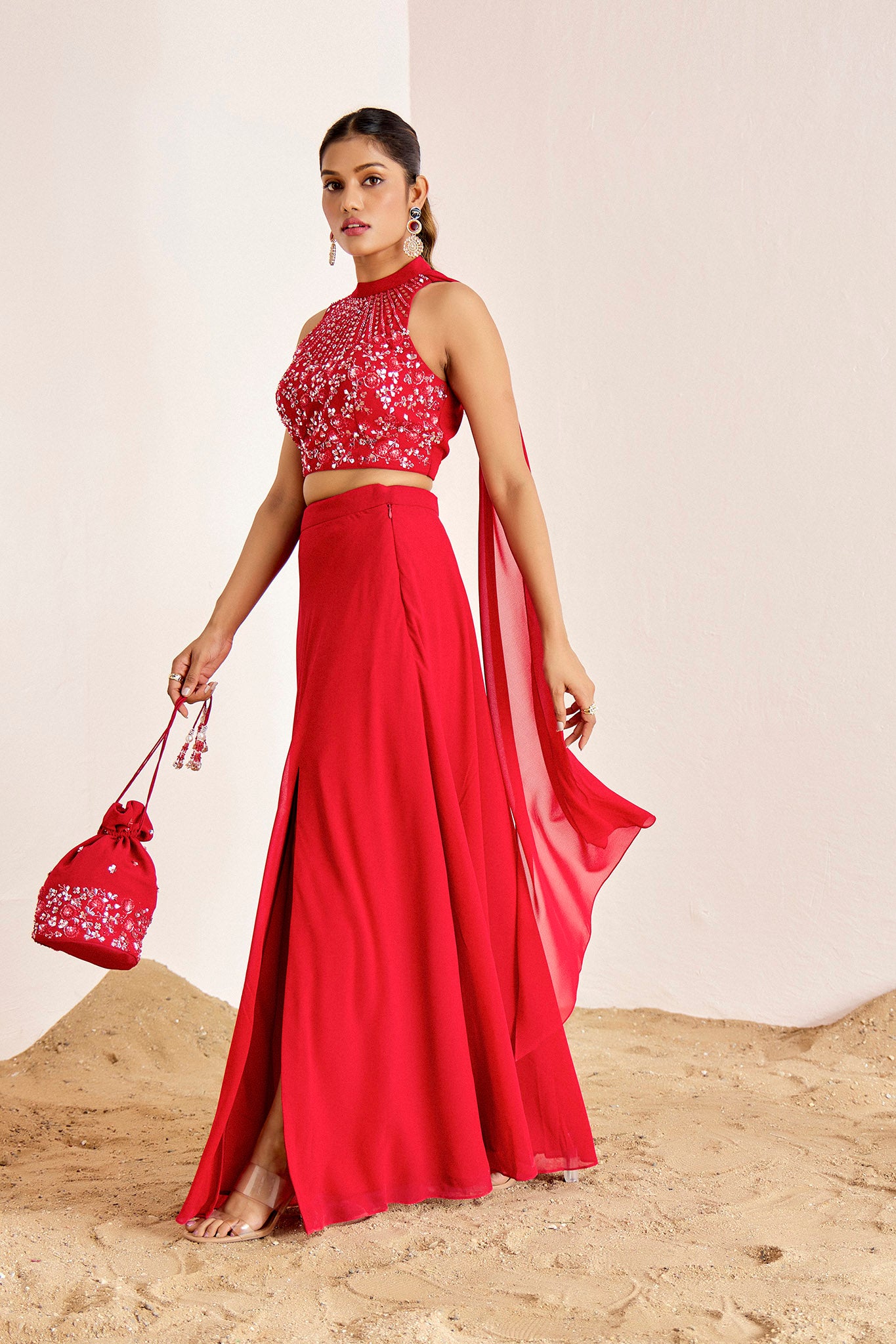 RED HALTER SLIT SKIRT SET