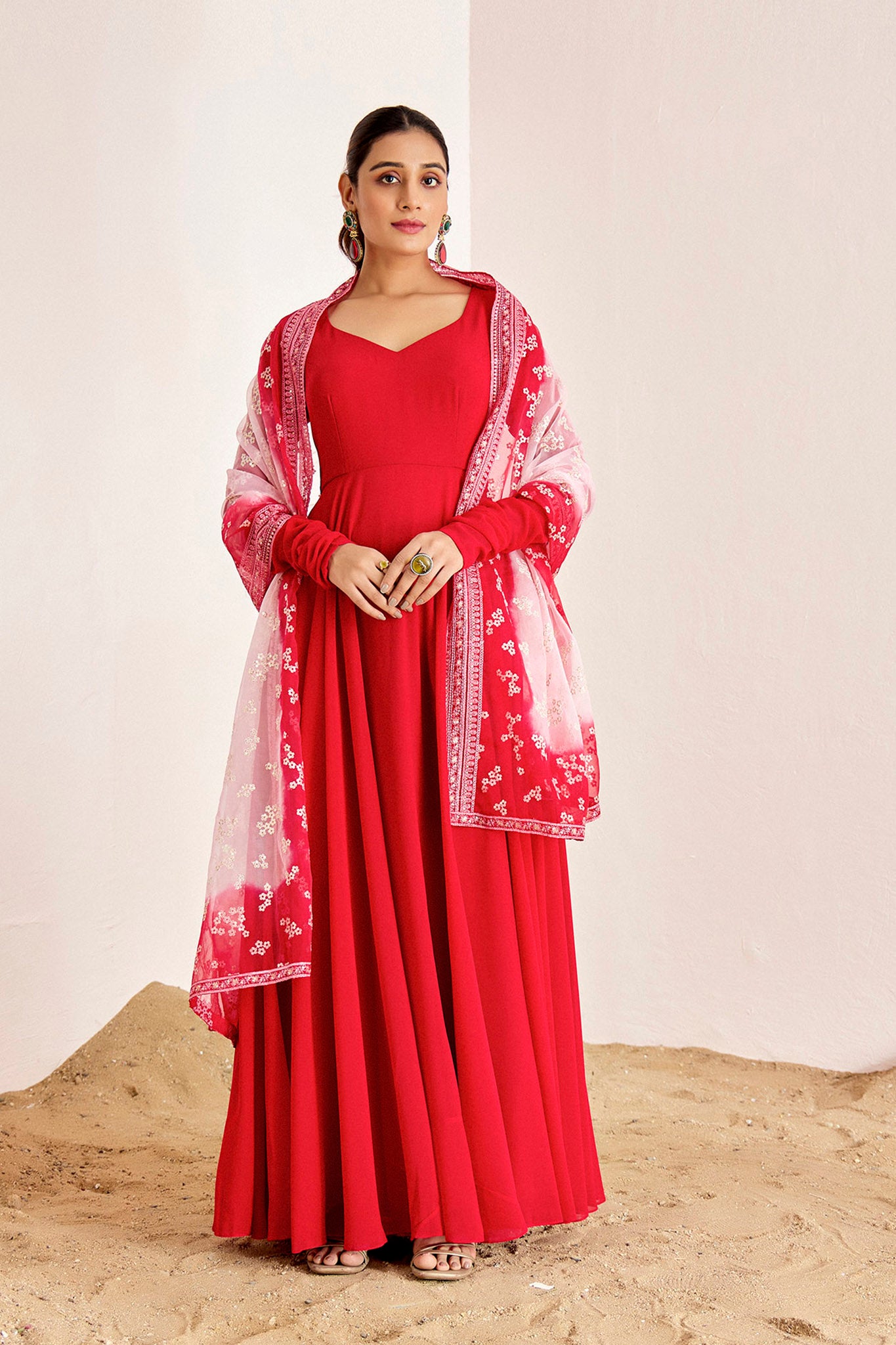 RED ANARKALI WITH OMBRE DUPATTA