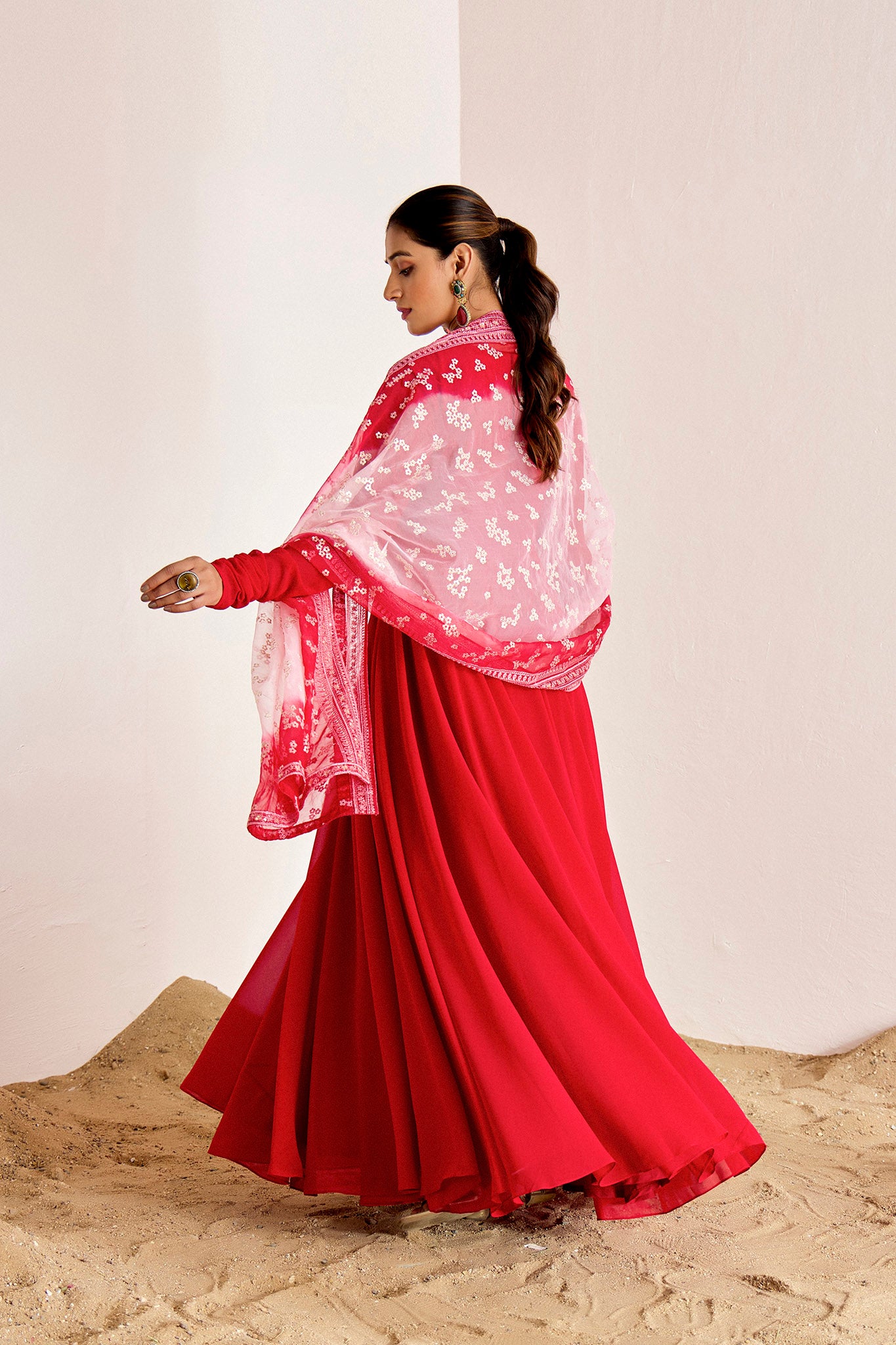 RED ANARKALI WITH OMBRE DUPATTA