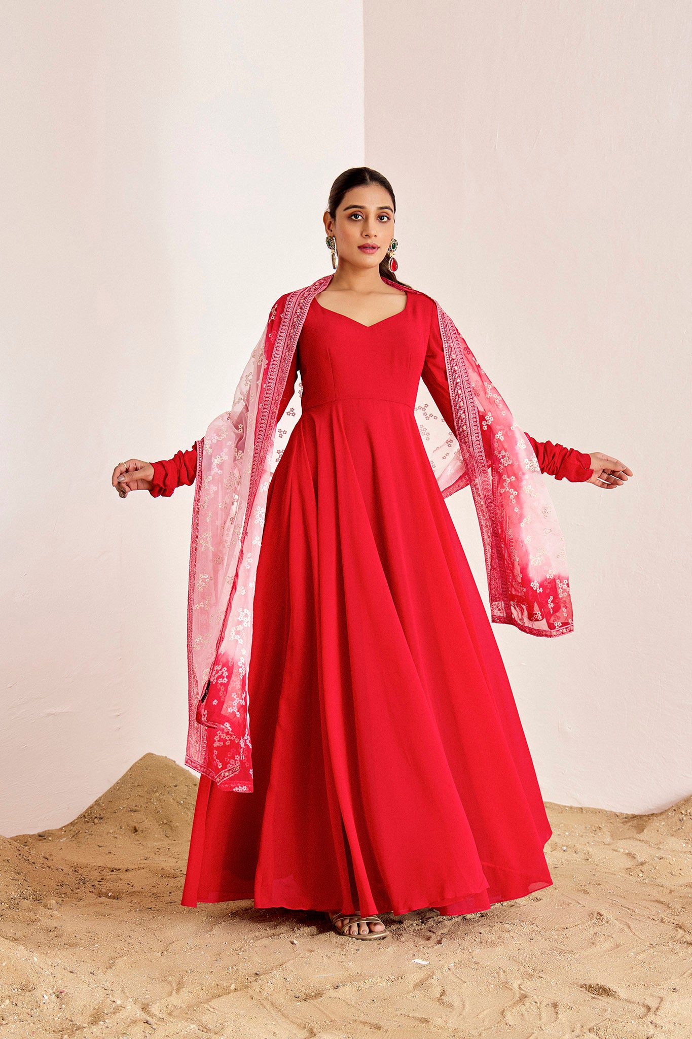 RED ANARKALI WITH OMBRE DUPATTA