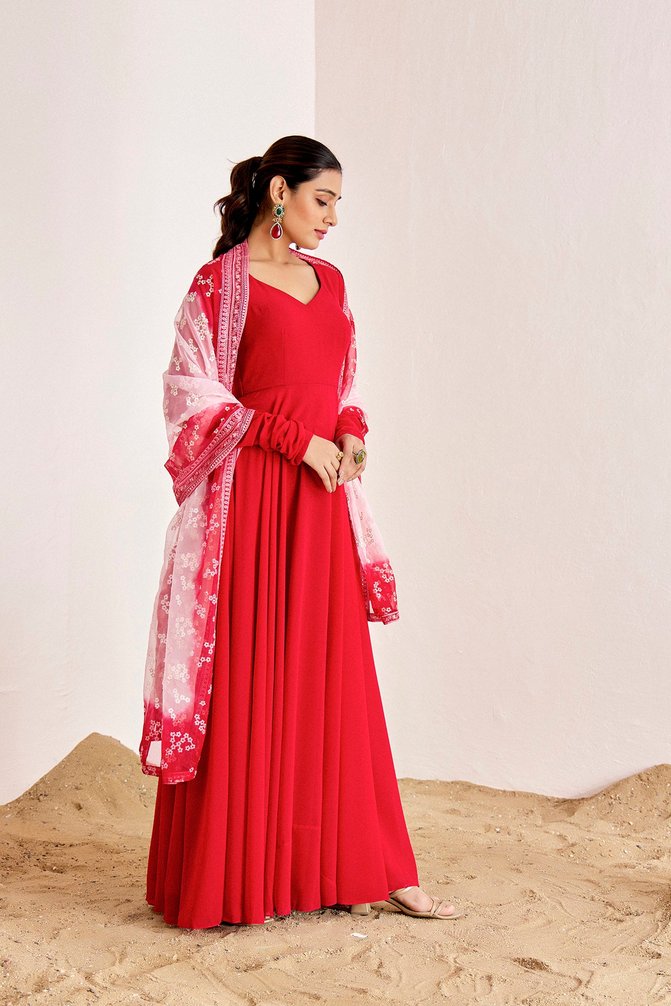 RED ANARKALI WITH OMBRE DUPATTA