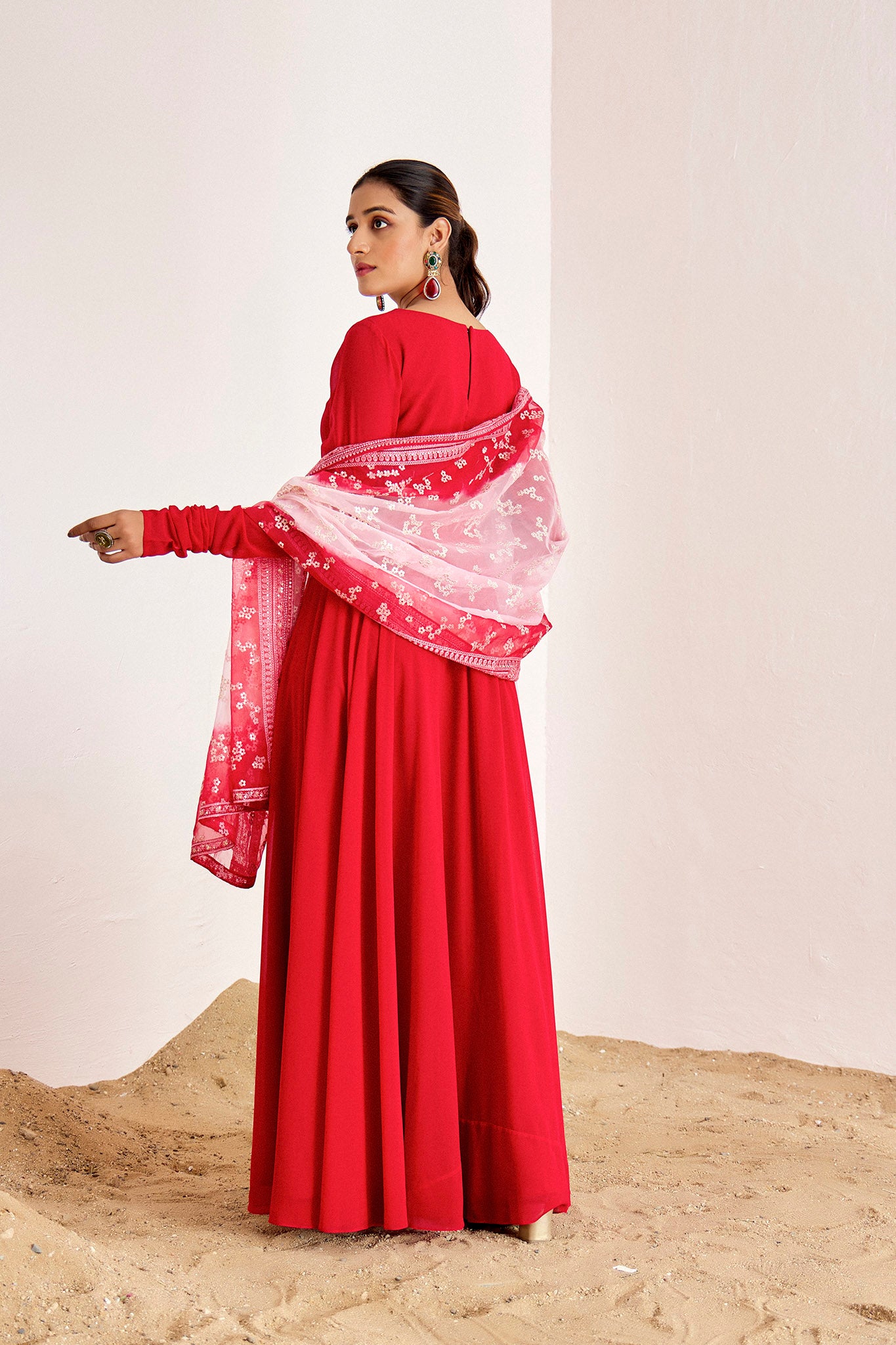 RED ANARKALI WITH OMBRE DUPATTA