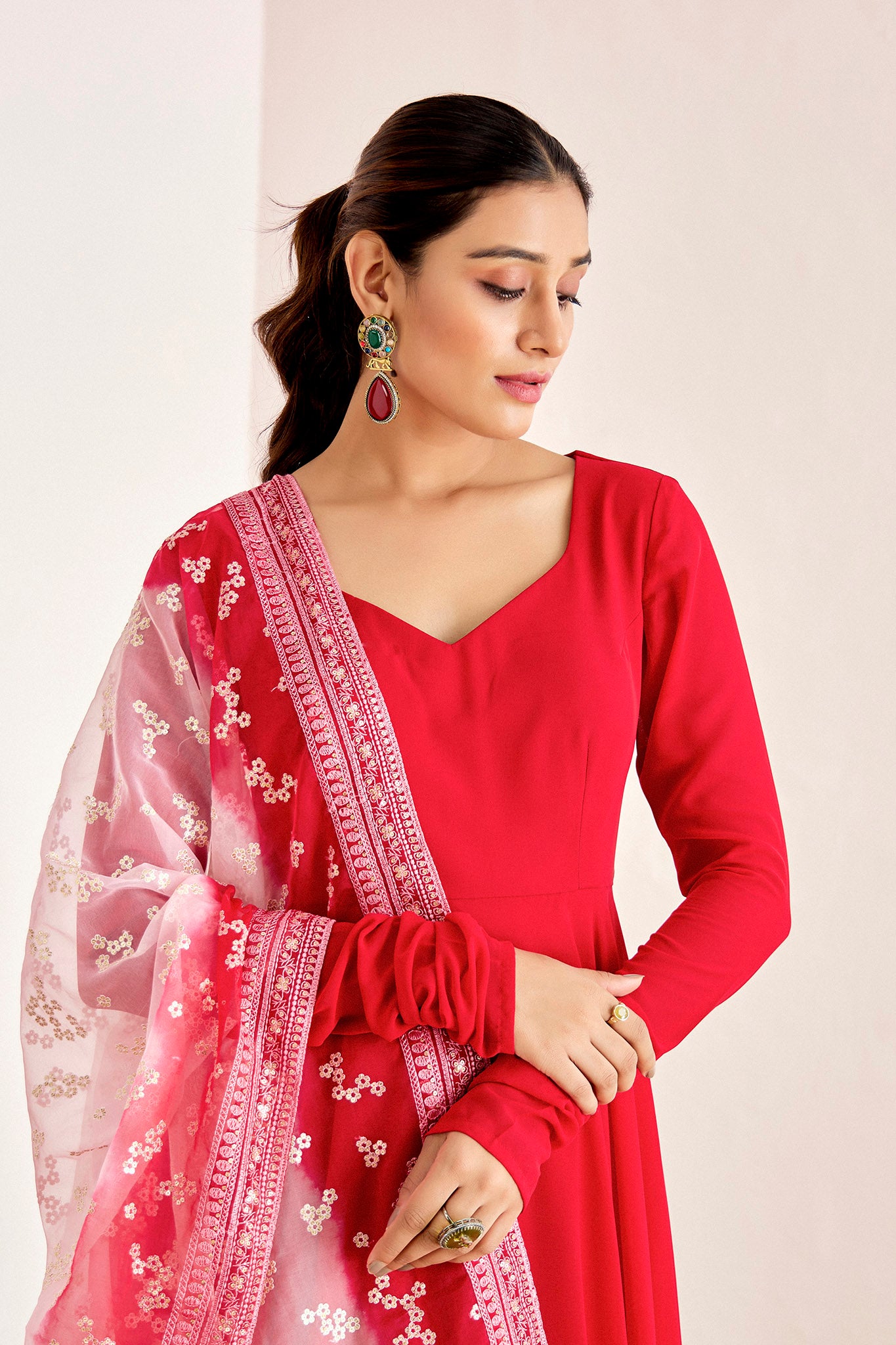 RED ANARKALI WITH OMBRE DUPATTA