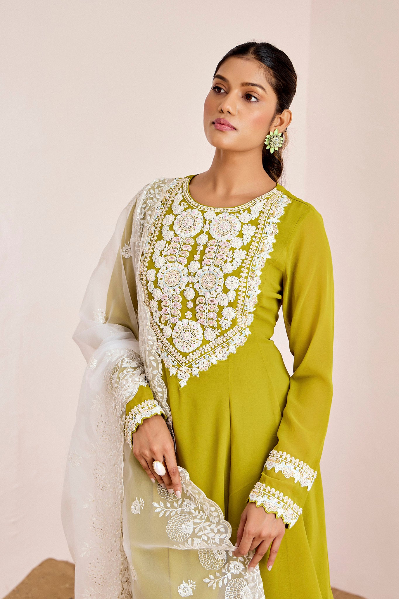 GREEN SHORT ANARKALI WITH ORGANZA DUPATTA