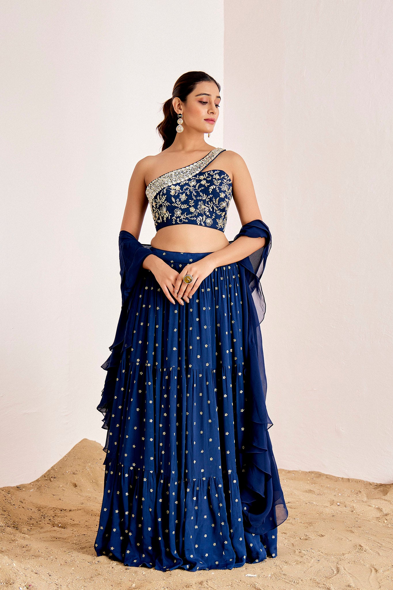 NAVY BLUE ONE SHOULDER LAYERED  LEHENEGA SET