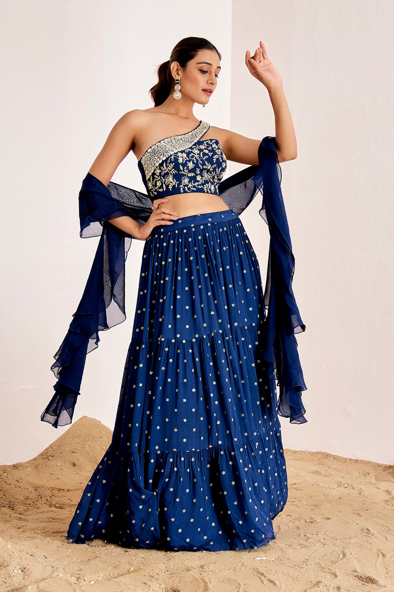 NAVY BLUE ONE SHOULDER LAYERED  LEHENEGA SET