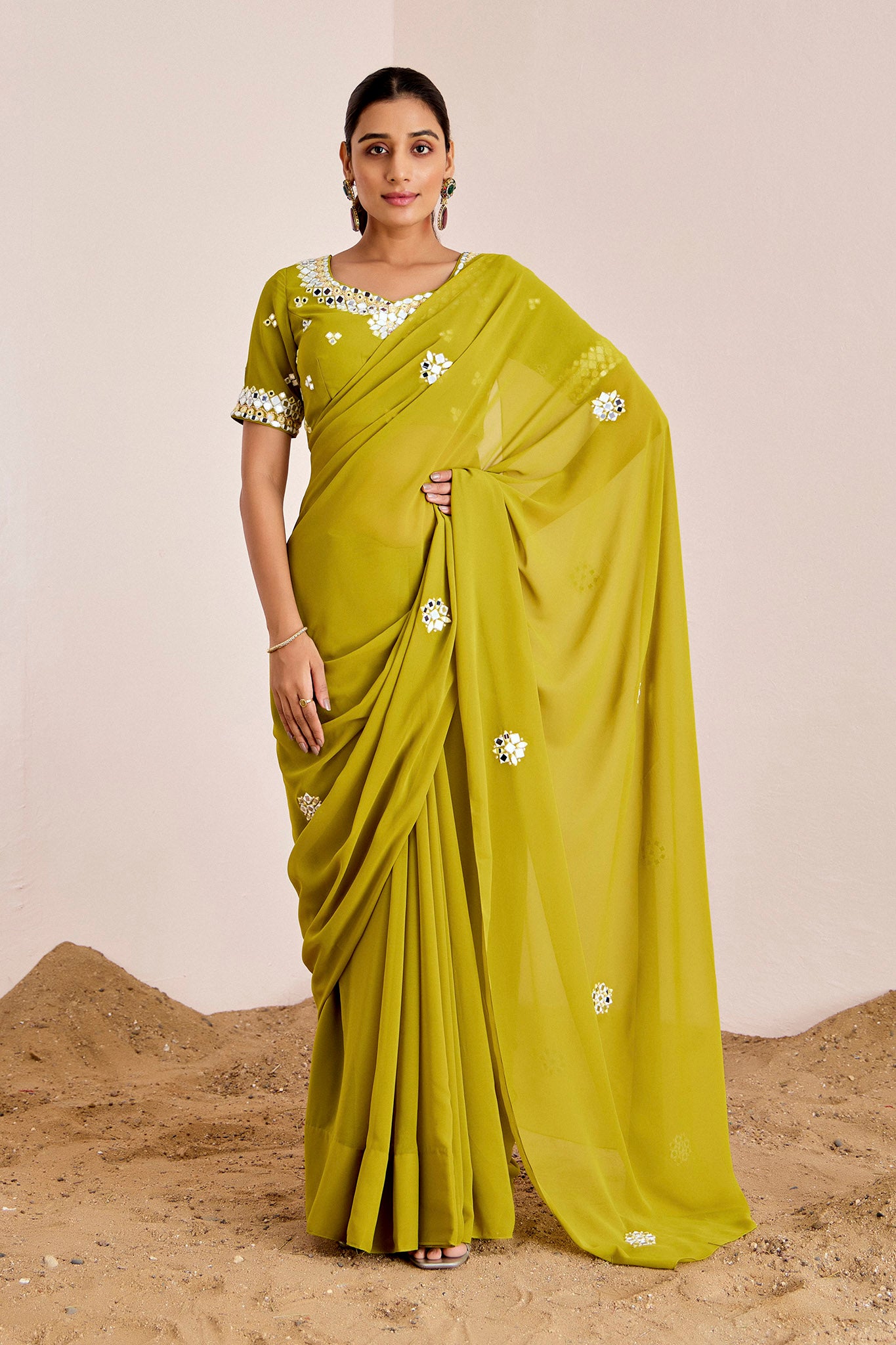 GREEN MIRROR WORK SAREE