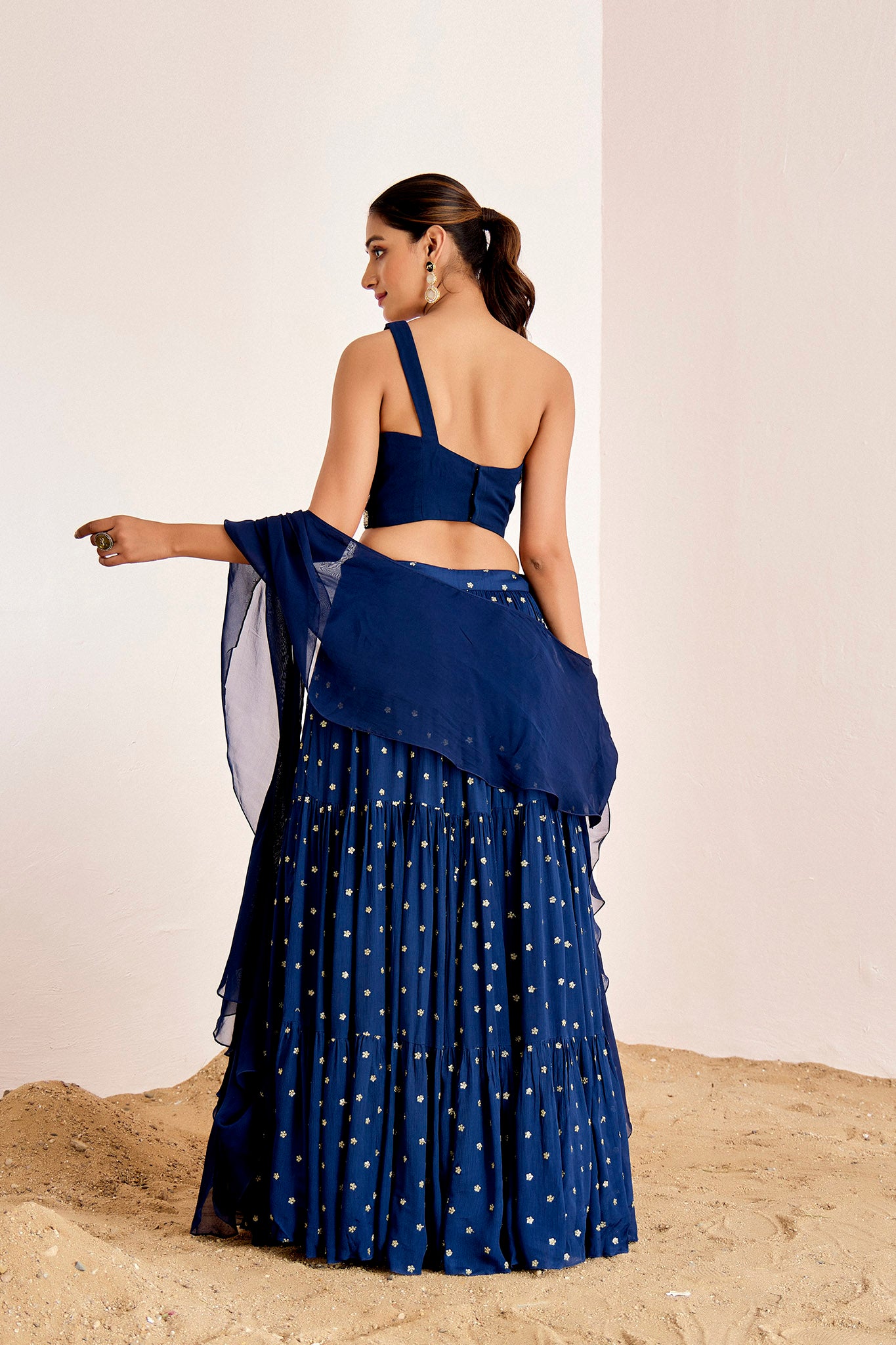 NAVY BLUE ONE SHOULDER LAYERED  LEHENEGA SET