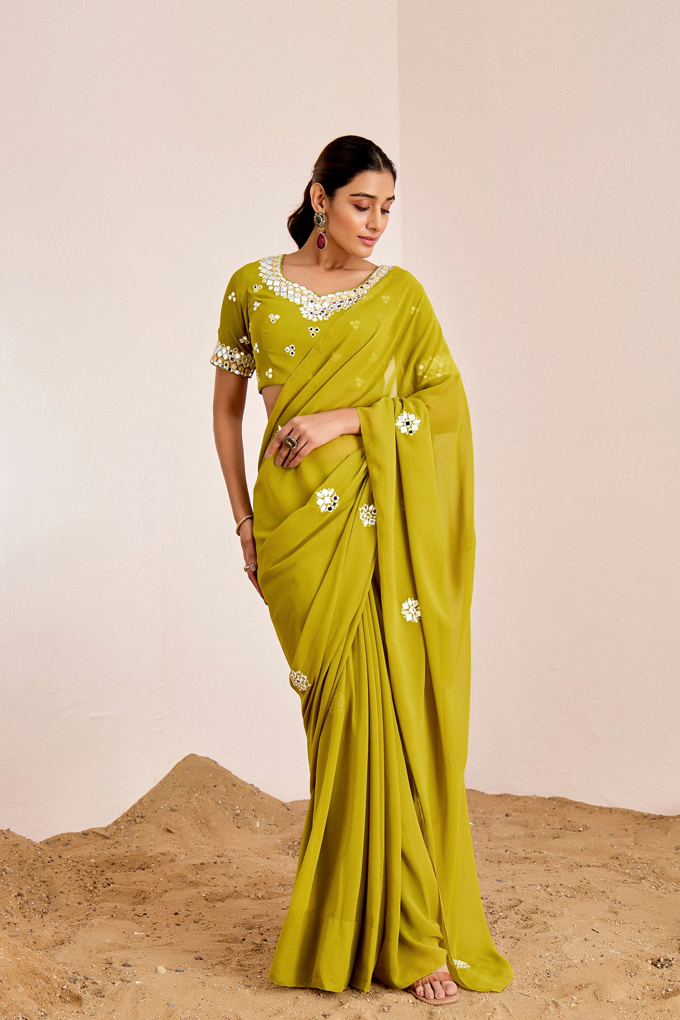 GREEN MIRROR WORK SAREE