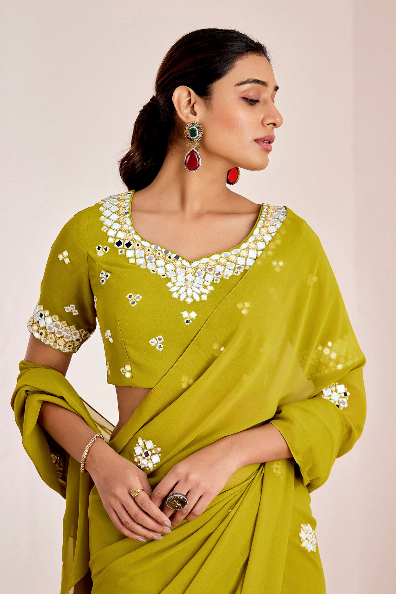 GREEN MIRROR WORK SAREE