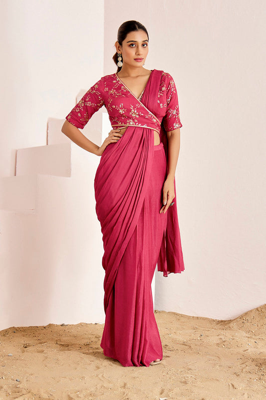 WINE OVERLAP PRE DRAPE SAREE