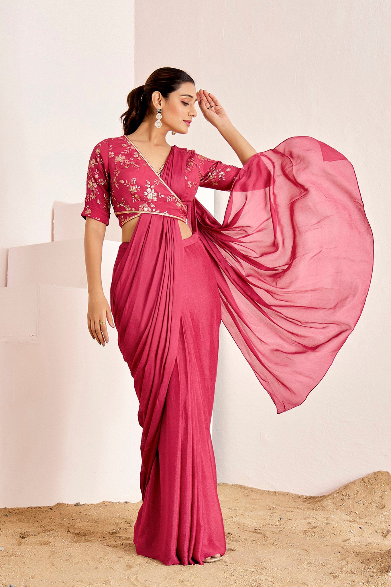 WINE OVERLAP PRE DRAPE SAREE