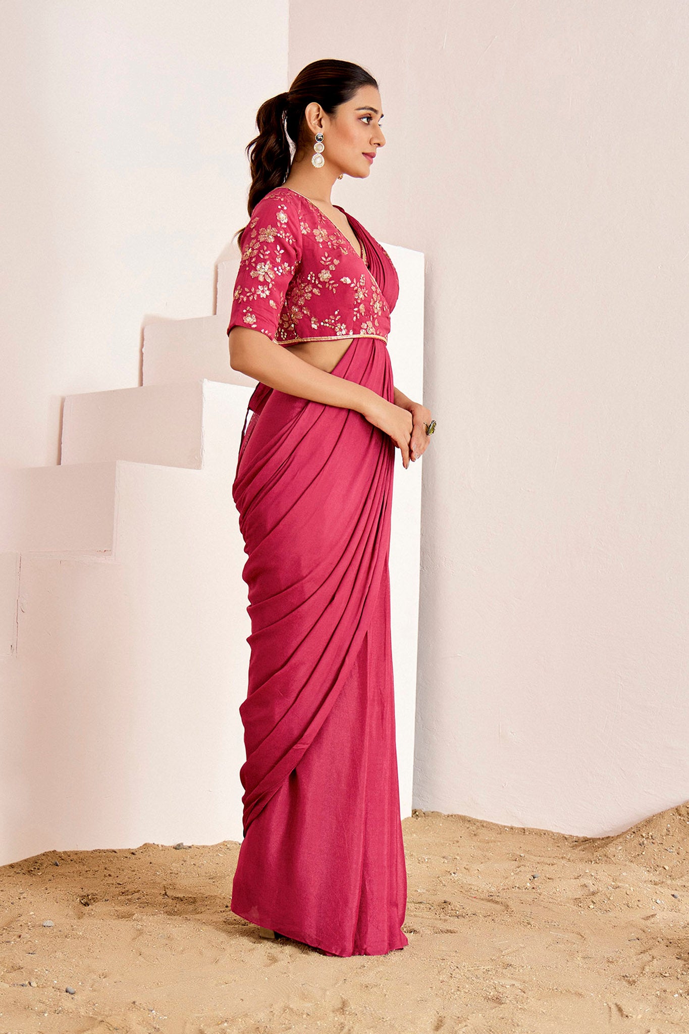 WINE OVERLAP PRE DRAPE SAREE