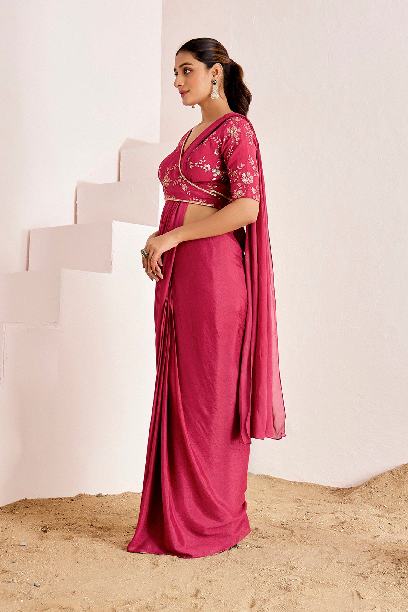 WINE OVERLAP PRE DRAPE SAREE