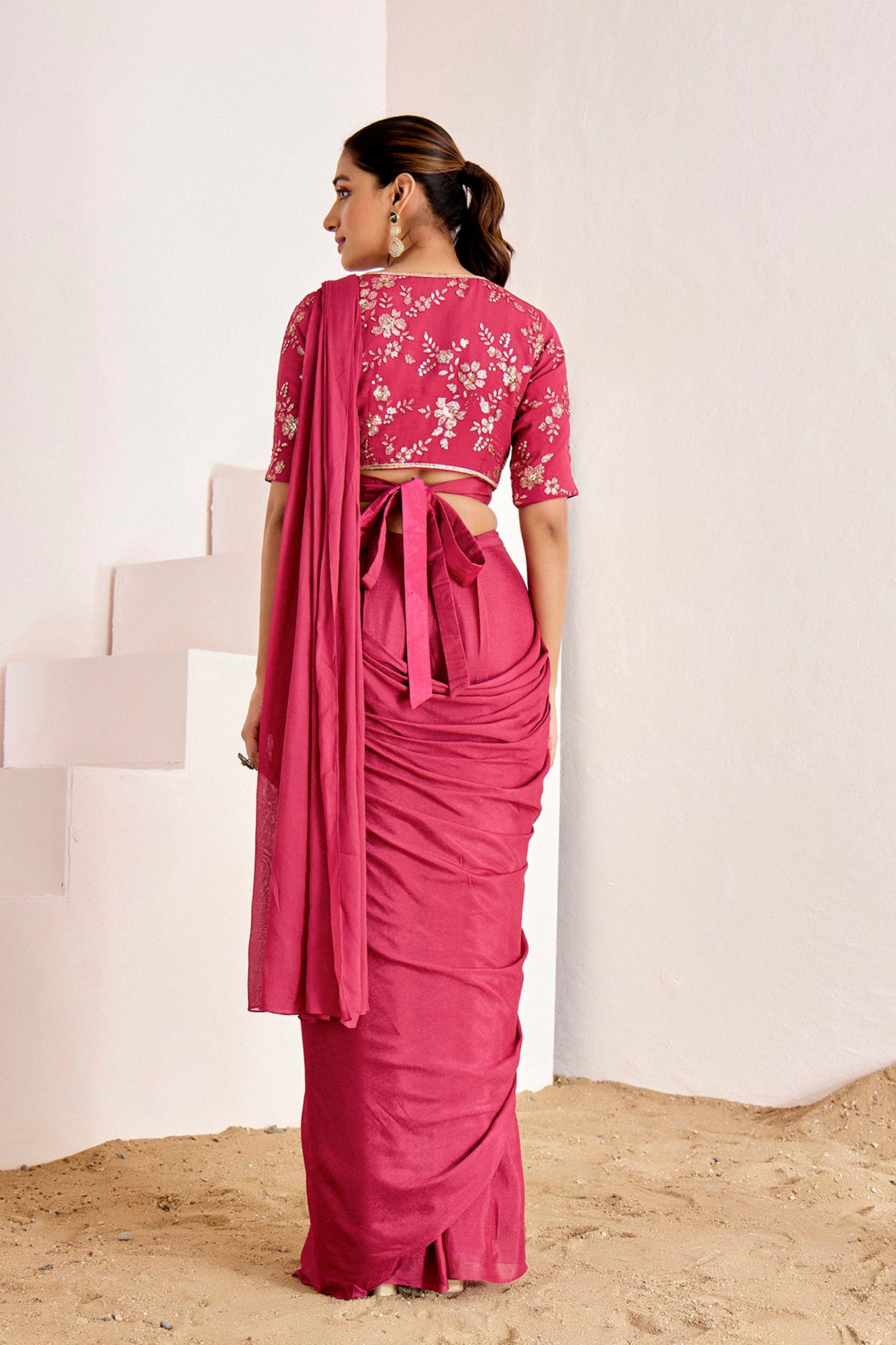 WINE OVERLAP PRE DRAPE SAREE