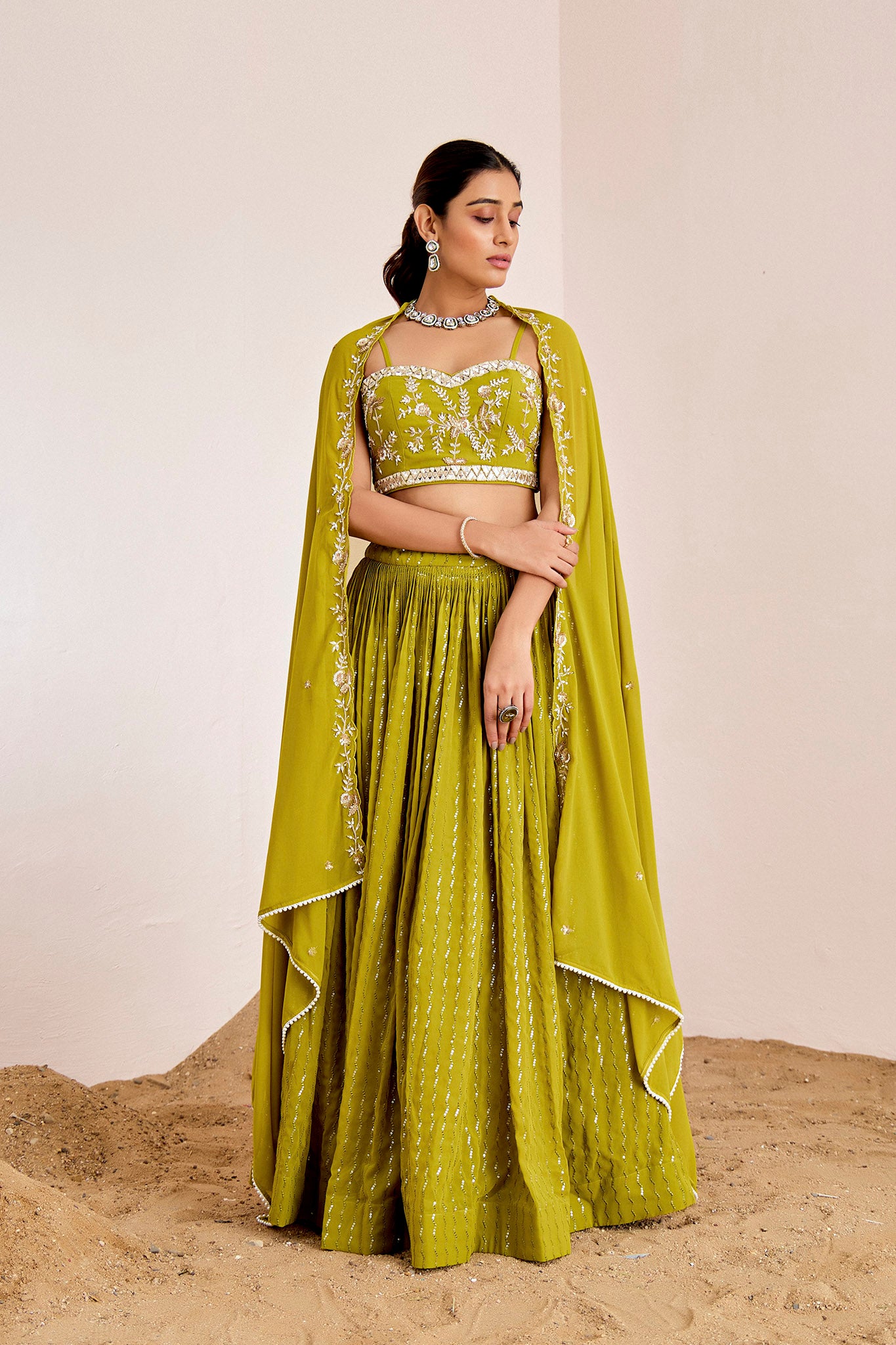 GREEN MIRROR WORK LEHENGA SET