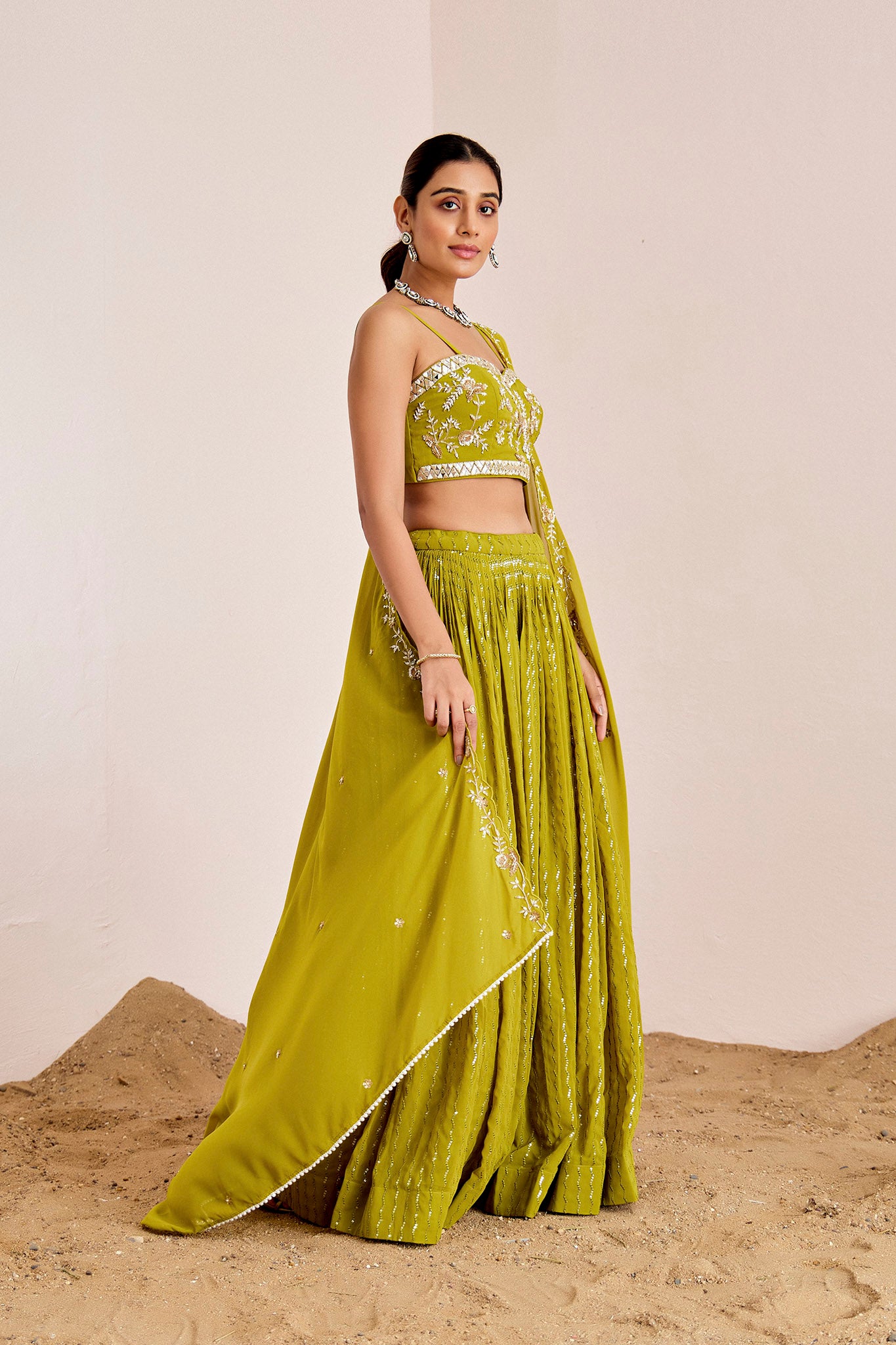 GREEN MIRROR WORK LEHENGA SET