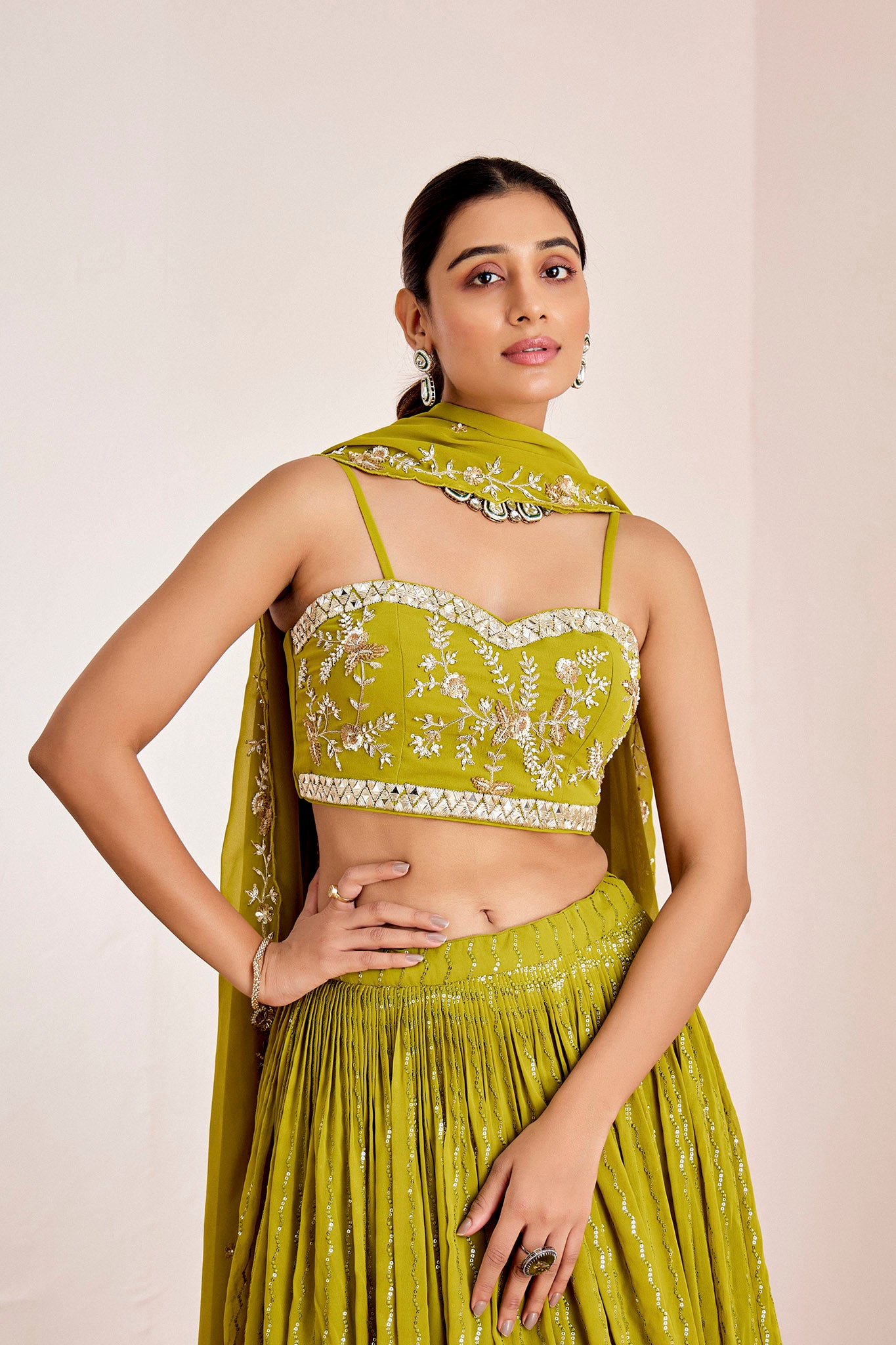 GREEN MIRROR WORK LEHENGA SET