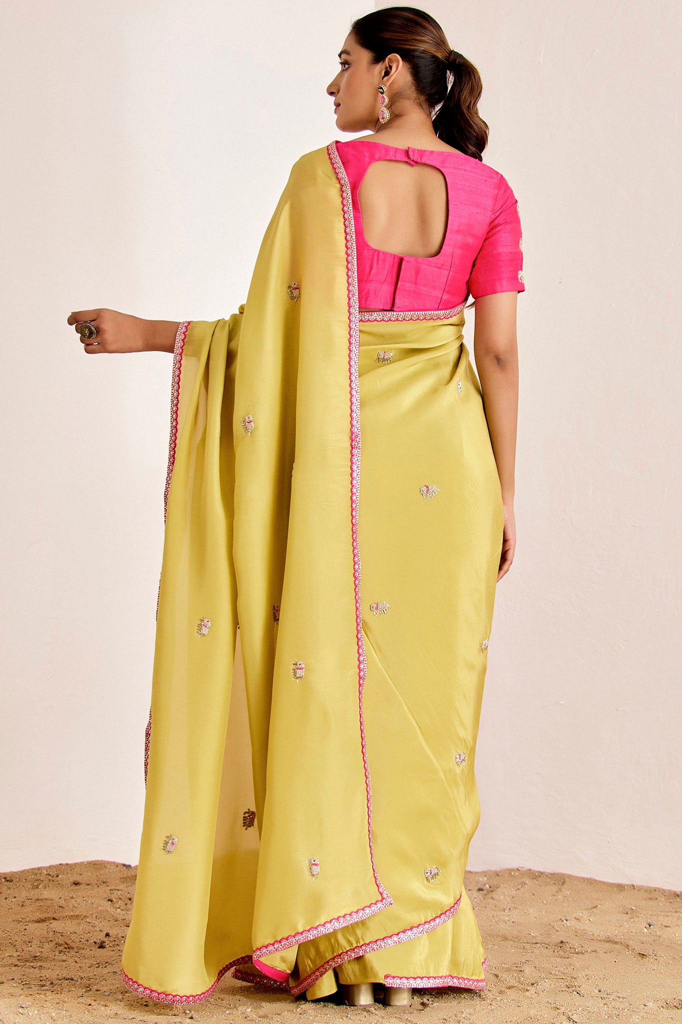 Greenish Yellow And Hot Pink Saree