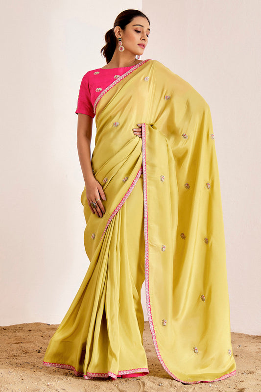 Greenish Yellow And Hot Pink Saree