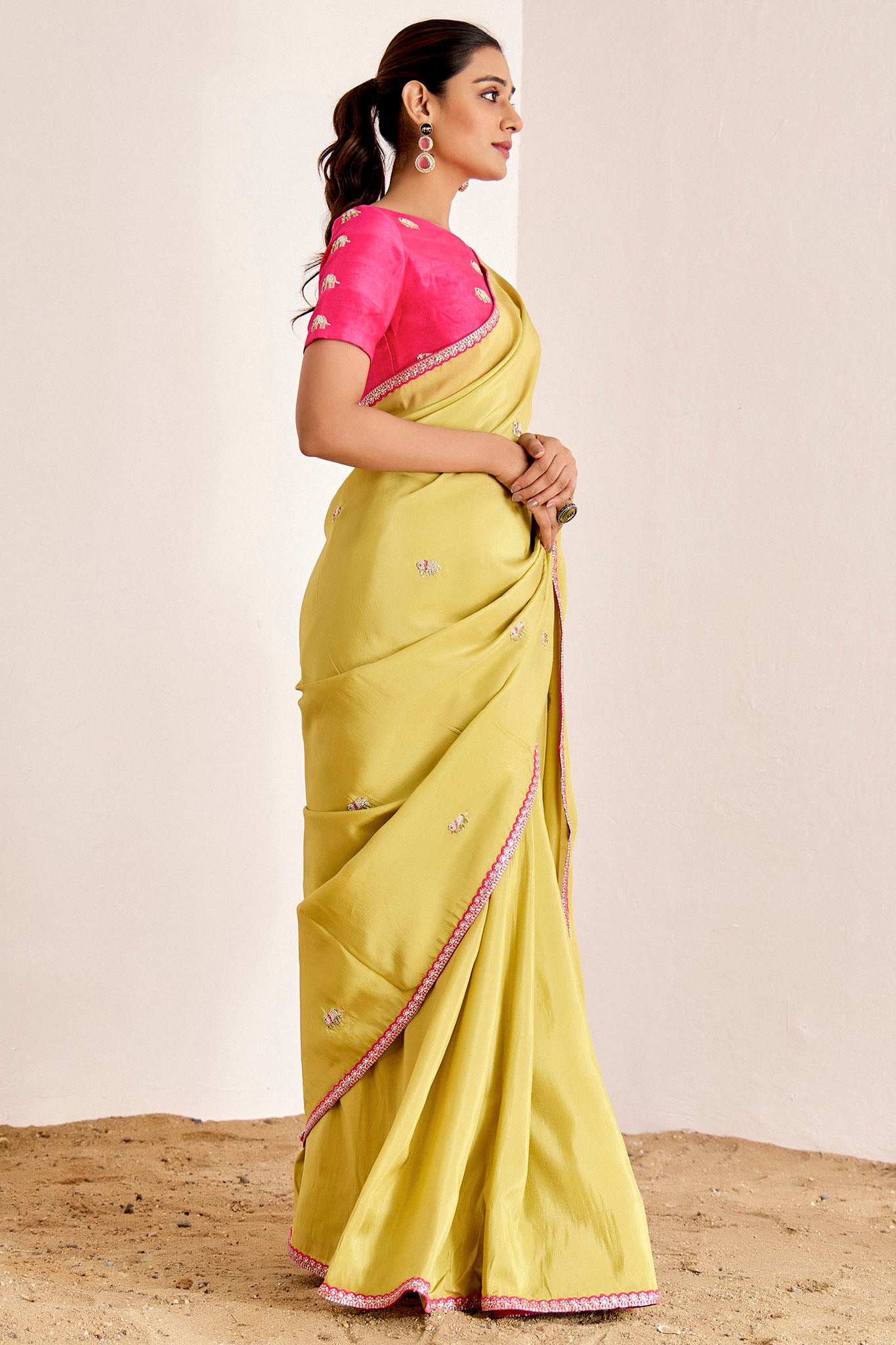 Greenish Yellow And Hot Pink Saree