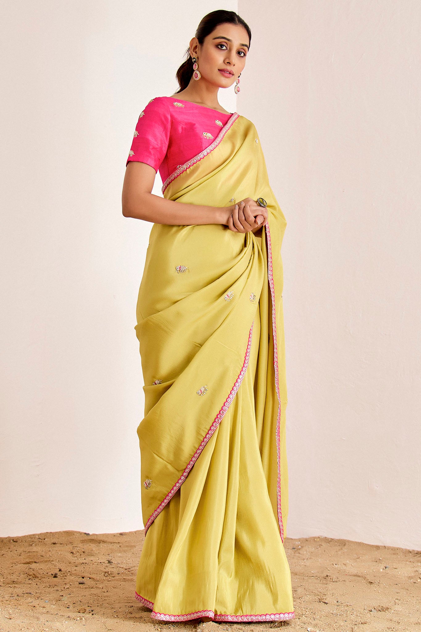 Greenish Yellow And Hot Pink Saree