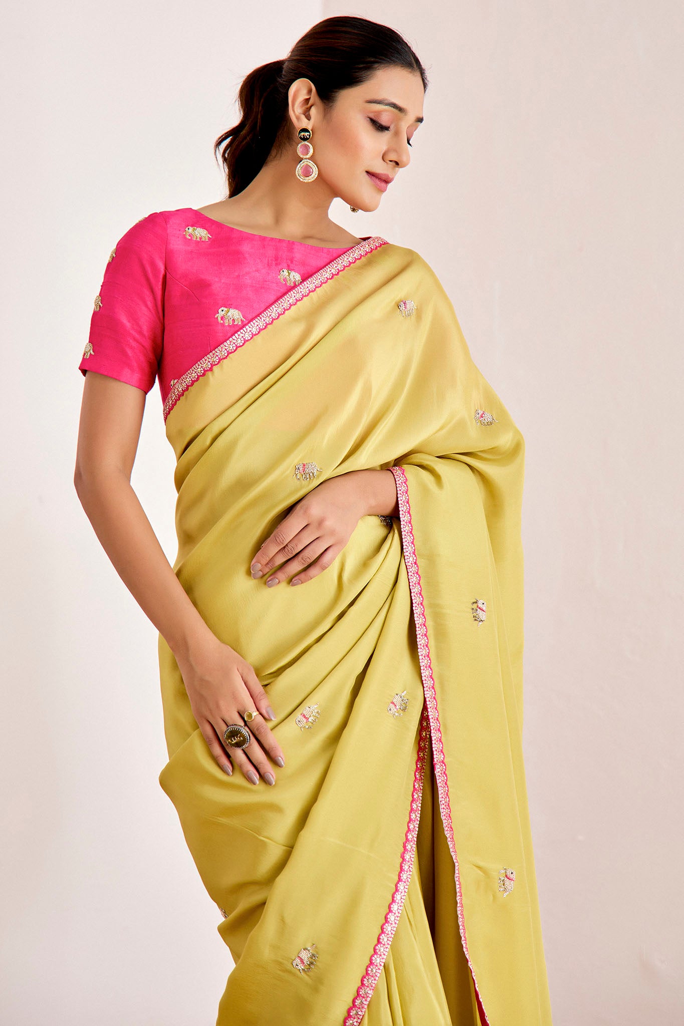 Greenish Yellow And Hot Pink Saree