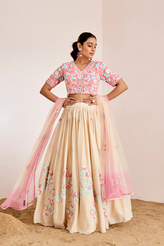 PINK NUDE THREAD WORK LEHENGA SET