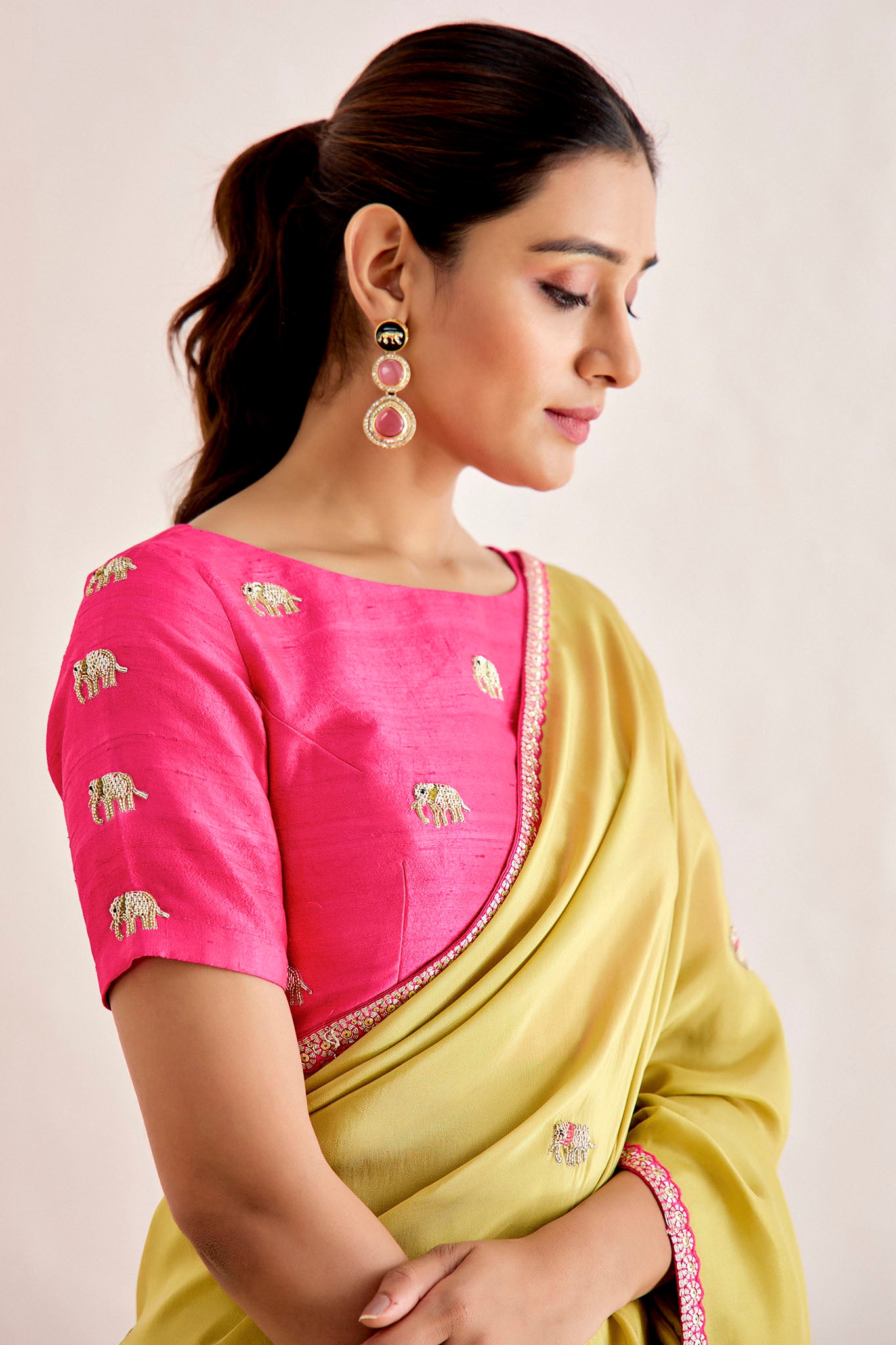 Greenish Yellow And Hot Pink Saree