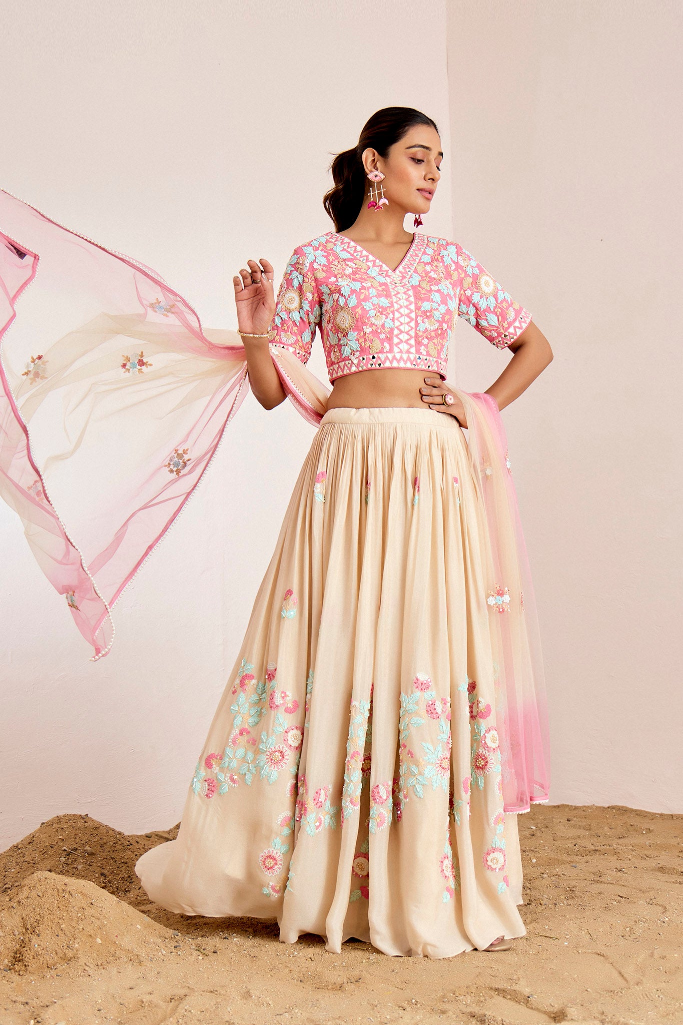 PINK NUDE THREAD WORK LEHENGA SET