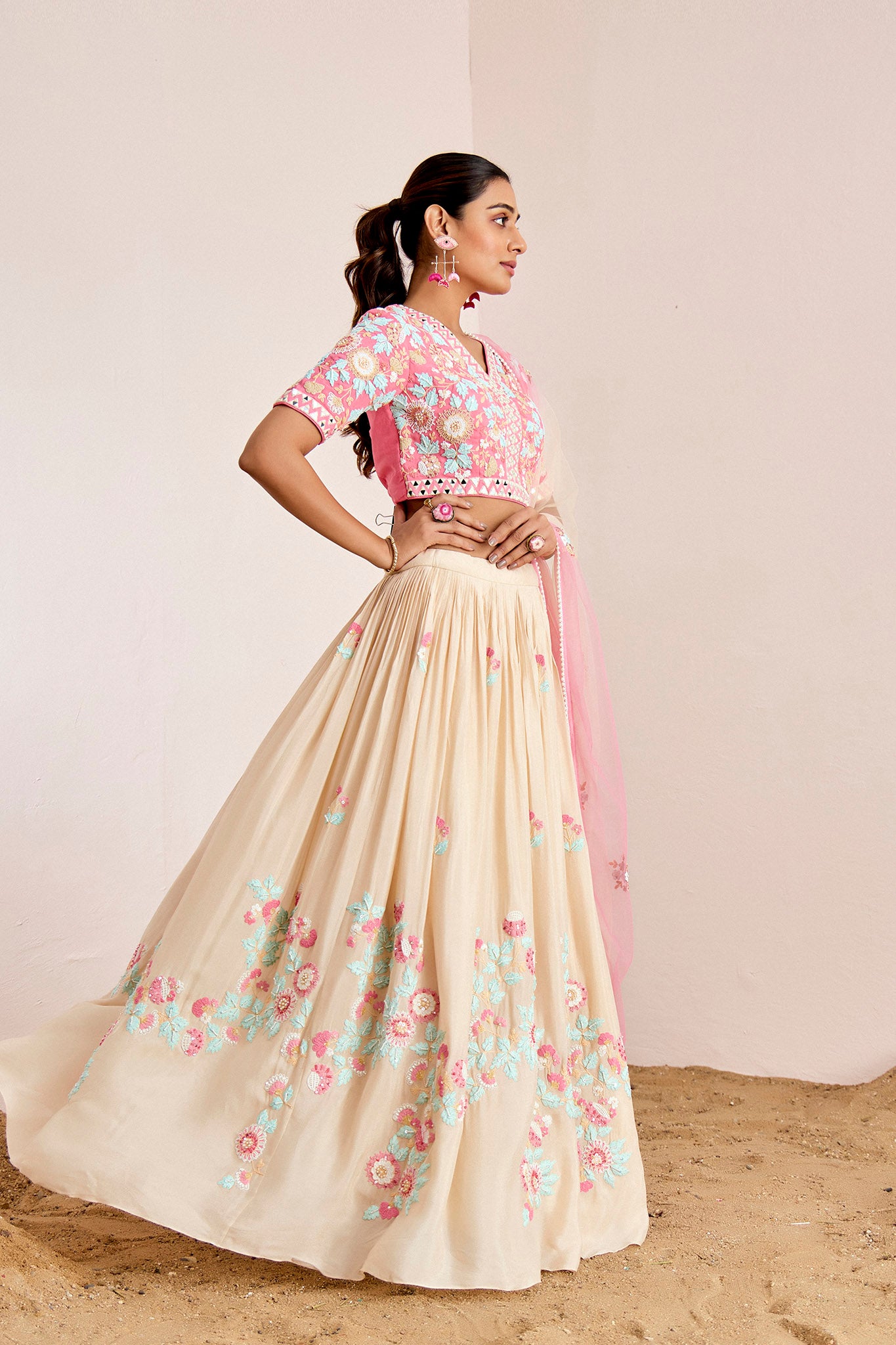 PINK NUDE THREAD WORK LEHENGA SET