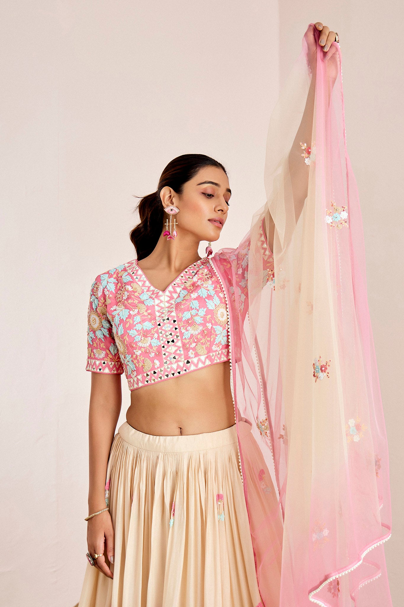 PINK NUDE THREAD WORK LEHENGA SET