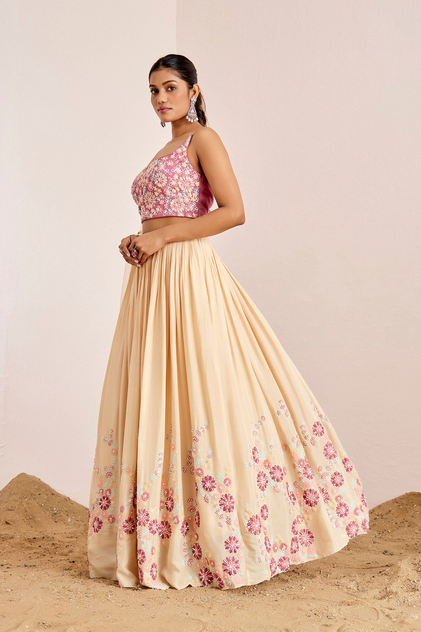 MAUVE NUDE THREAD WORK LEHENGA SET