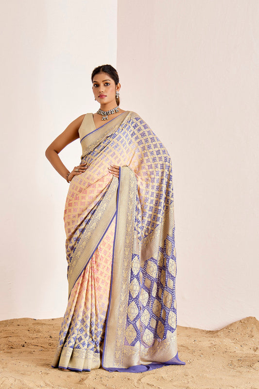 LAVENDER AND PEACH BANARASEE BANDHANI SAREE