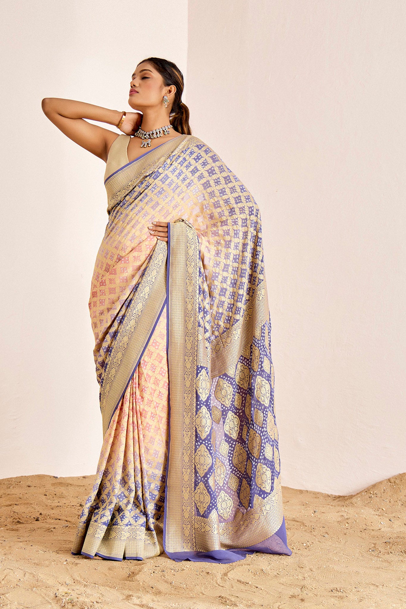 LAVENDER AND PEACH BANARASEE BANDHANI SAREE