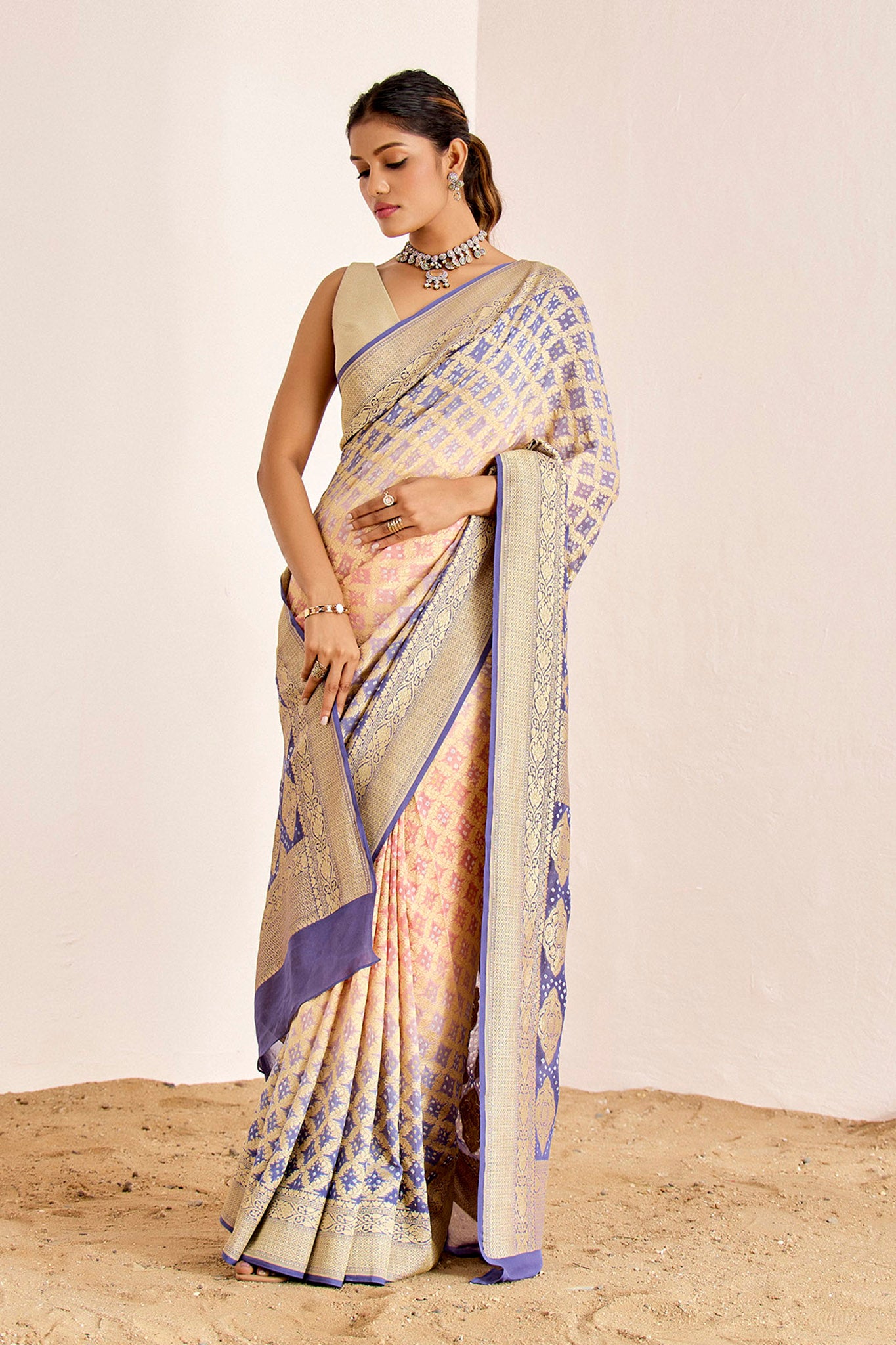 LAVENDER AND PEACH BANARASEE BANDHANI SAREE