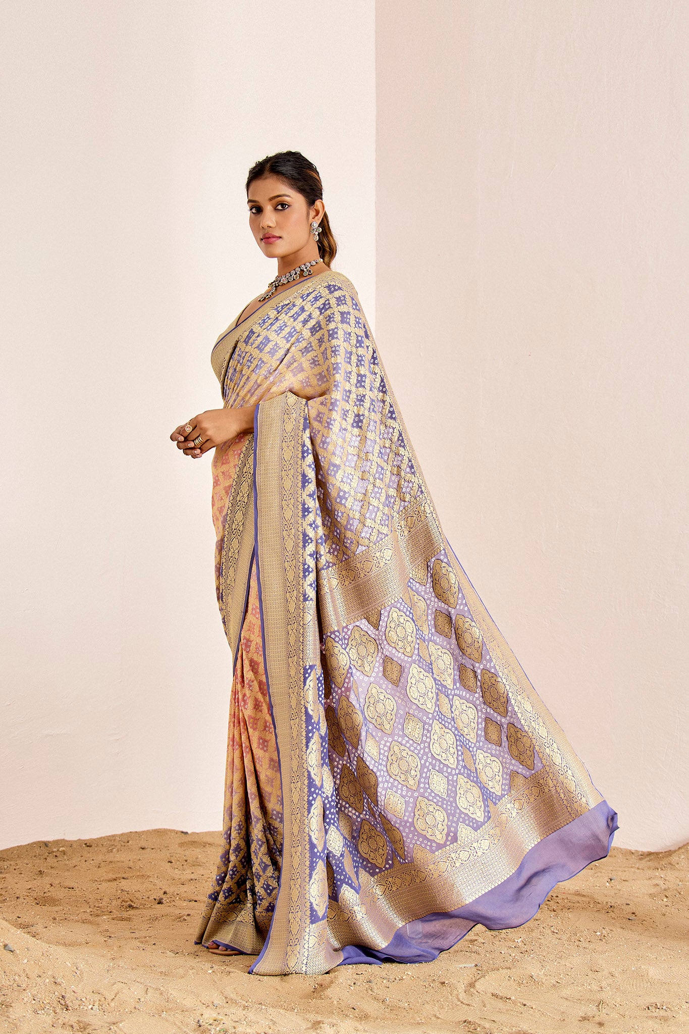 LAVENDER AND PEACH BANARASEE BANDHANI SAREE