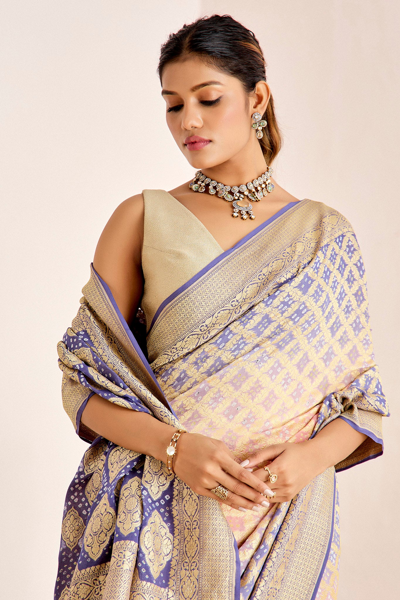 LAVENDER AND PEACH BANARASEE BANDHANI SAREE