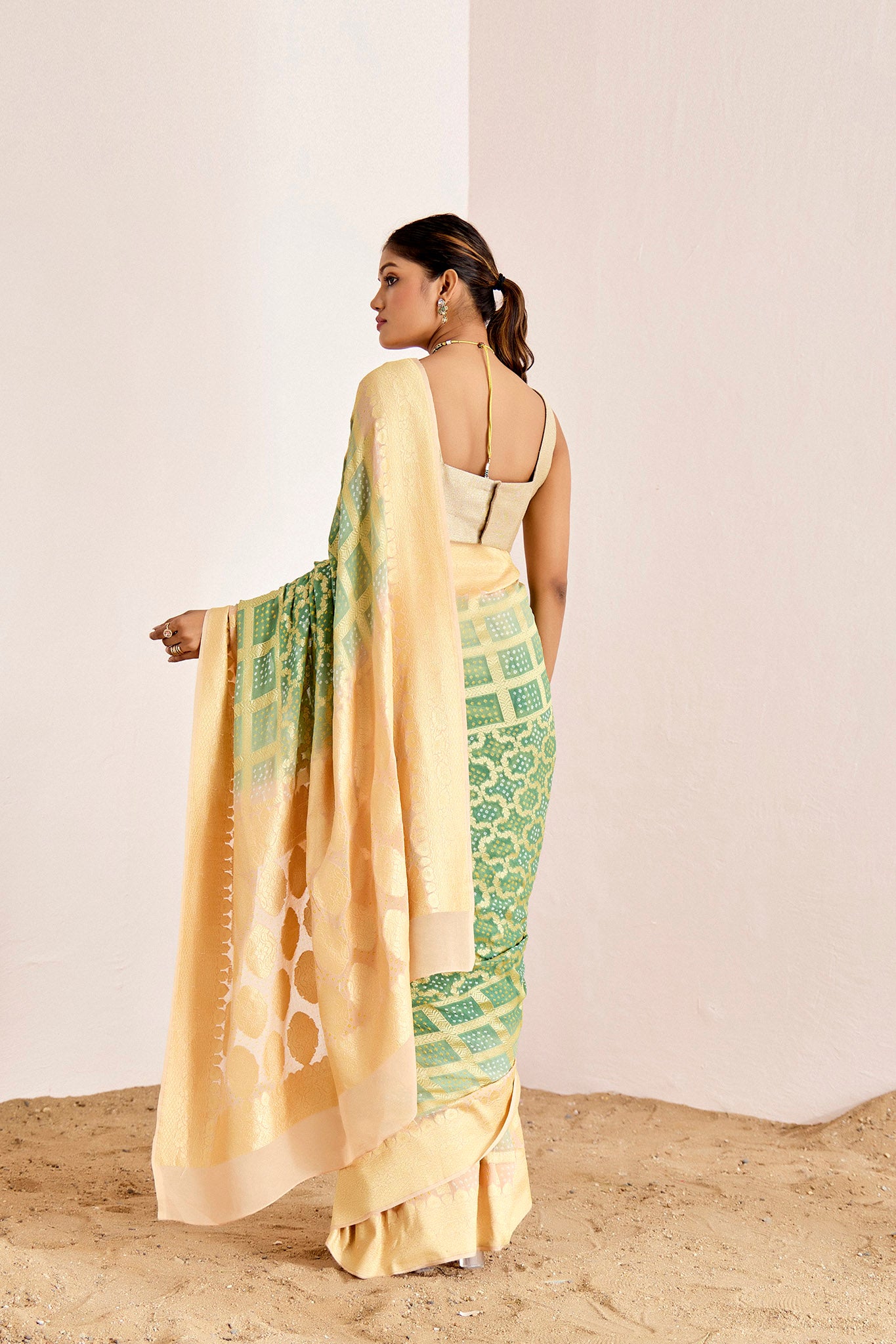 PEACH AND GREEN OMBRE BANARASEE BANDHANI SAREE