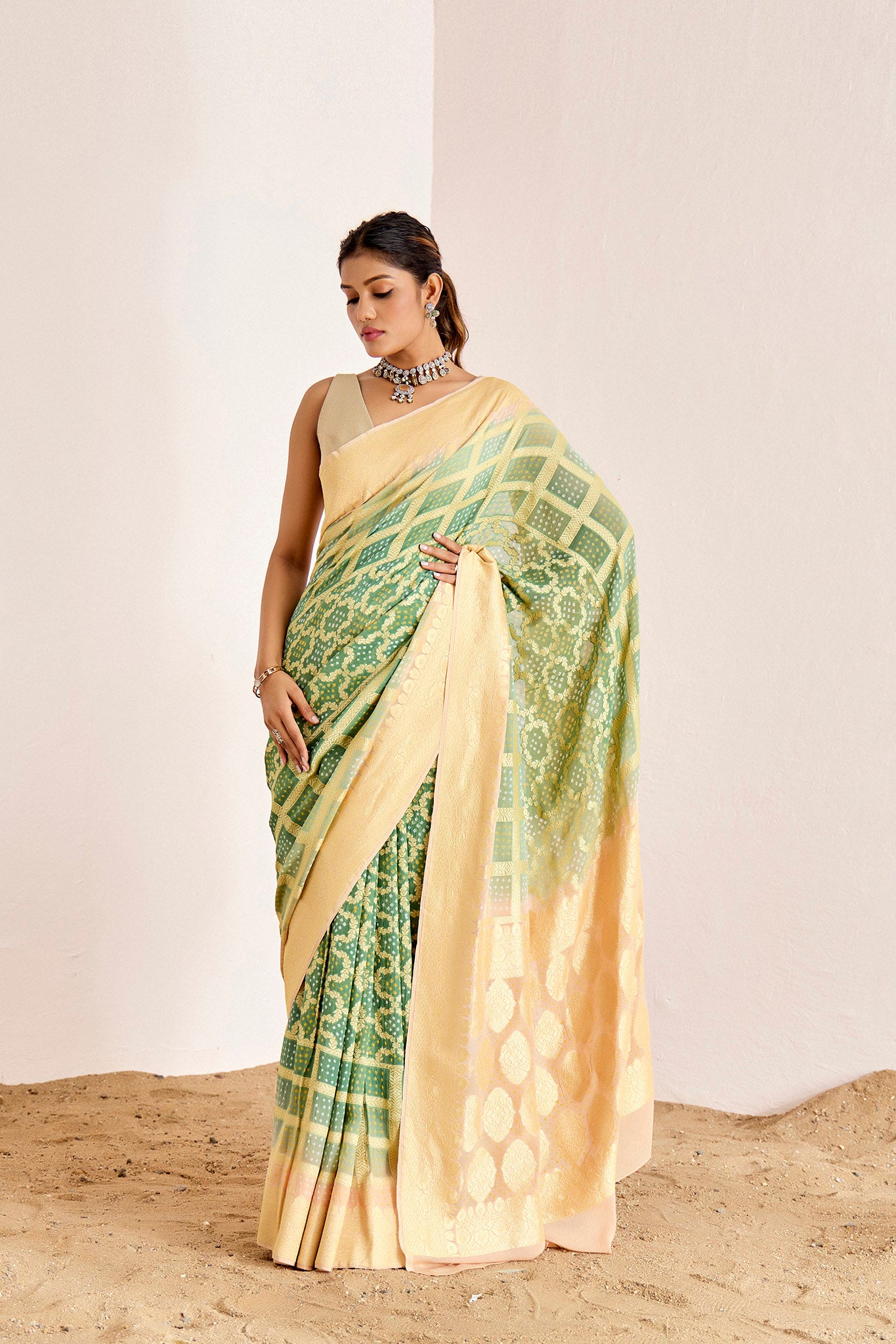 PEACH AND GREEN OMBRE BANARASEE BANDHANI SAREE