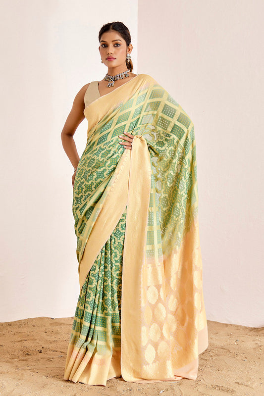 PEACH AND GREEN OMBRE BANARASEE BANDHANI SAREE