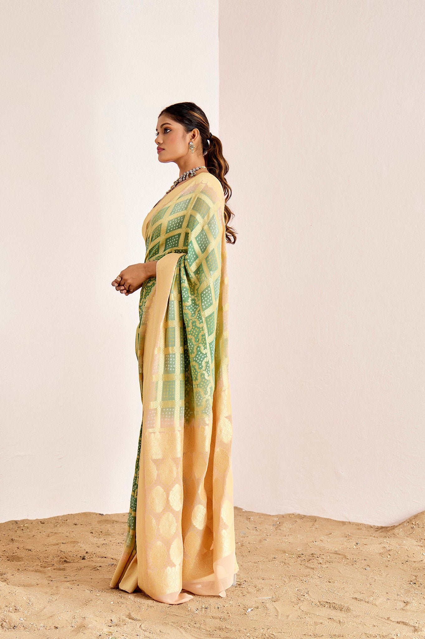 PEACH AND GREEN OMBRE BANARASEE BANDHANI SAREE