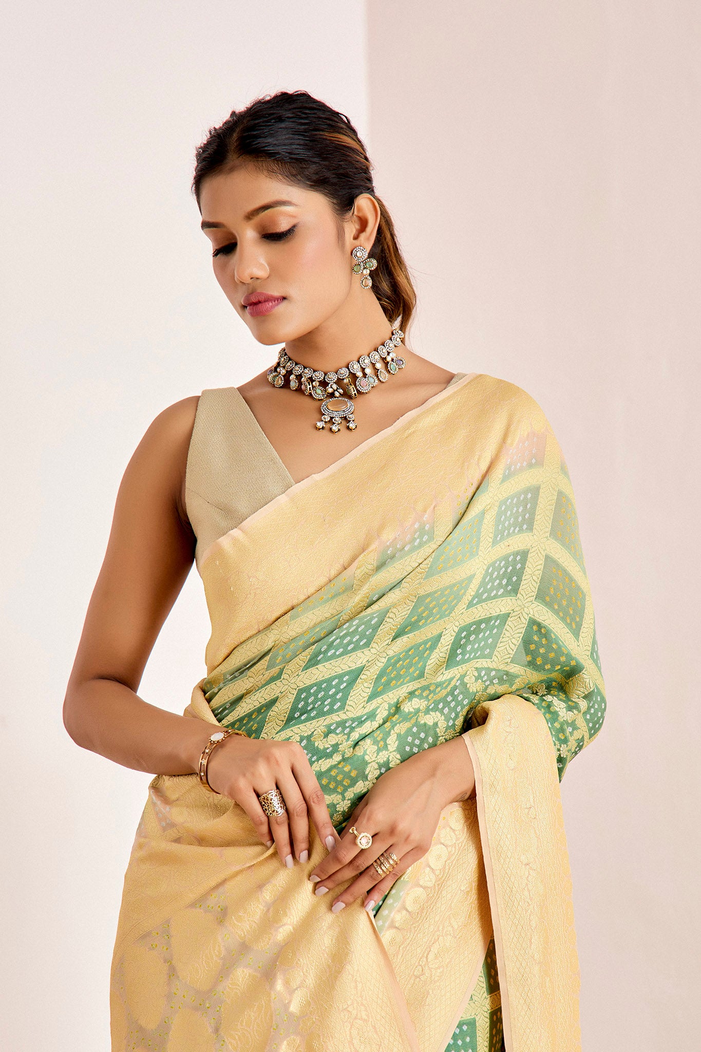 PEACH AND GREEN OMBRE BANARASEE BANDHANI SAREE